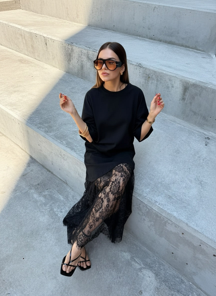 Vestido T-Shirt Oversized con Encaje