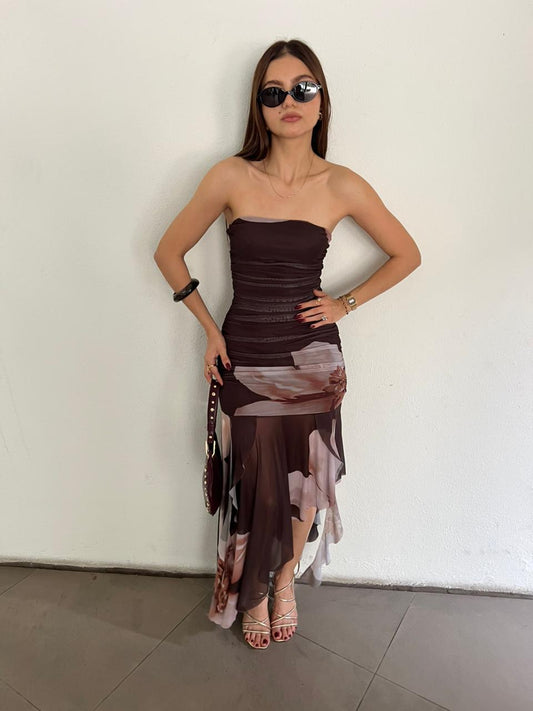 VESTIDO STRAPLESS FRUNCIDO CON OLANES FLOREADO