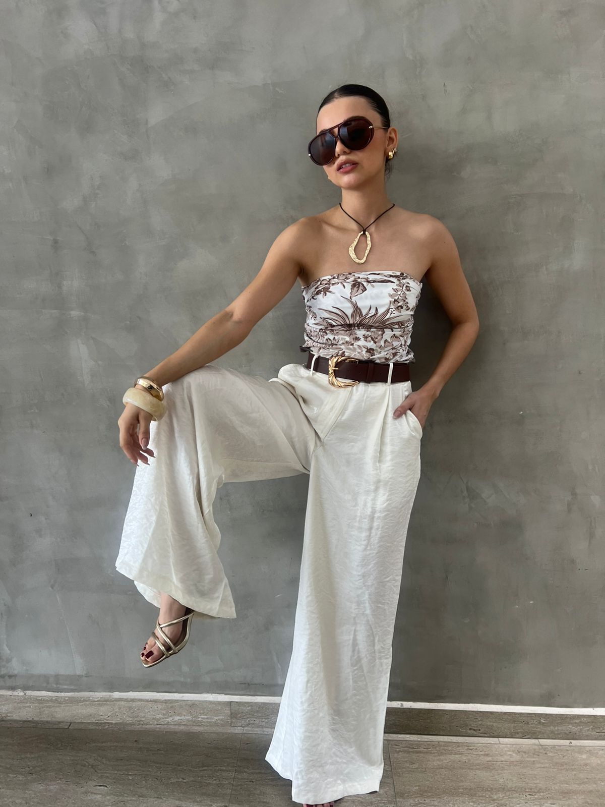 PANTALON SATIN PIERNA ANCHA CON CINTO